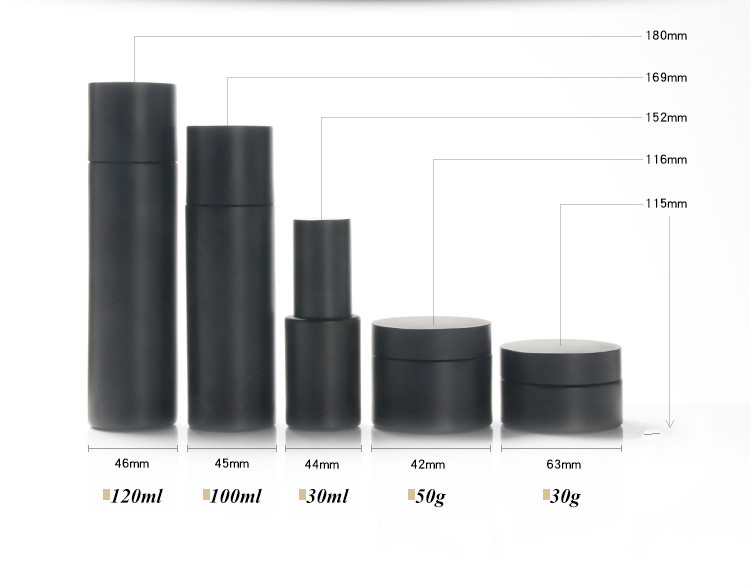 Skincare packaging frosted matte black lotion bottle 30ml 100ml 120ml 30g 50g cosmetic glass jar