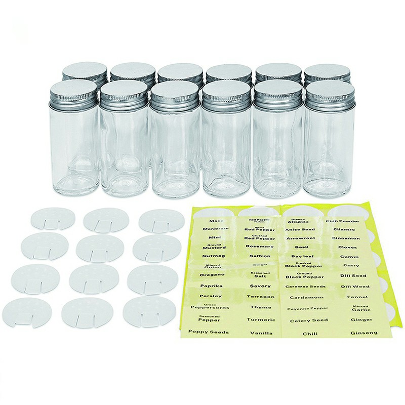 Small 4oz Bottles Stackable Stout Herbs French Round Glass Spice Jars with Shaker Lids and Chalkboard Sticker Labels