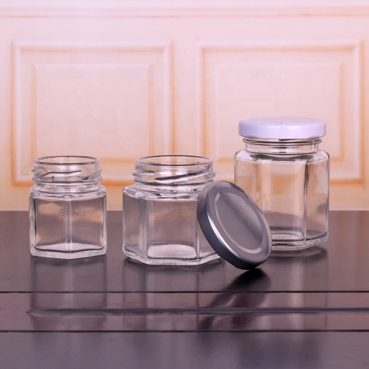 Small 50ml 100ml Hexagonal Glass Jars Stocked Honey Jar With Metal Lids