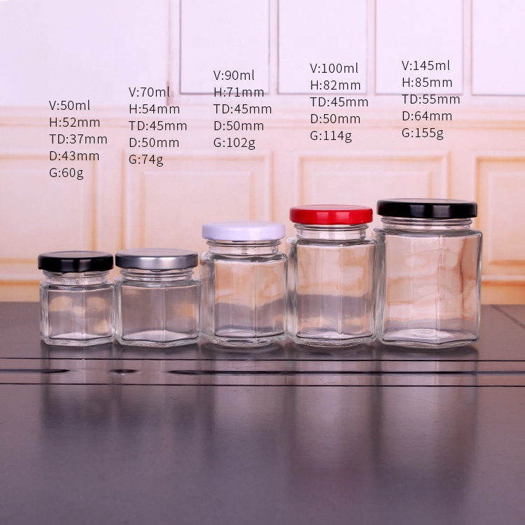 Small 50ml 100ml Hexagonal Glass Jars Stocked Honey Jar With Metal Lids
