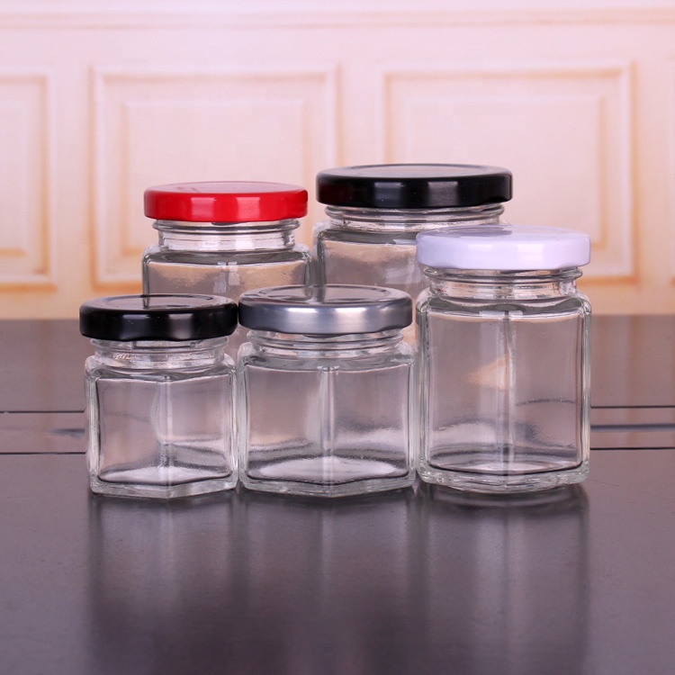 Small 50ml 100ml Hexagonal Glass Jars Stocked Honey Jar With Metal Lids