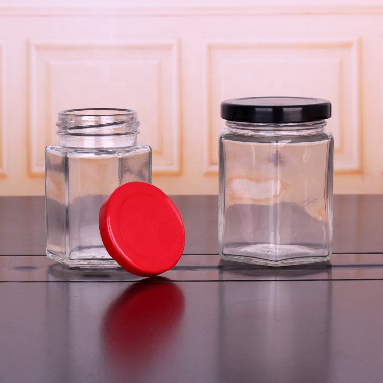 Small 50ml 100ml Hexagonal Glass Jars Stocked Honey Jar With Metal Lids