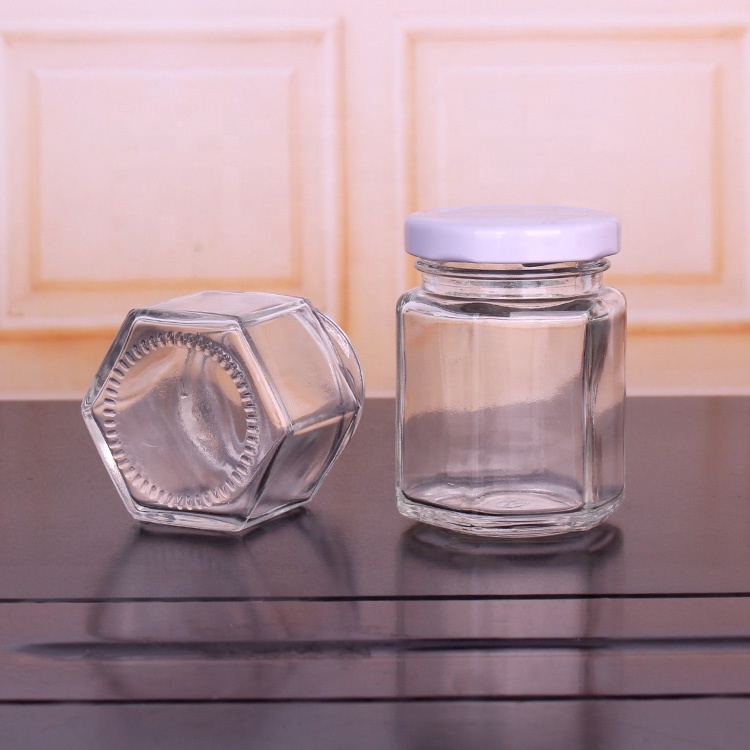 Small 50ml 100ml Hexagonal Glass Jars Stocked Honey Jar With Metal Lids