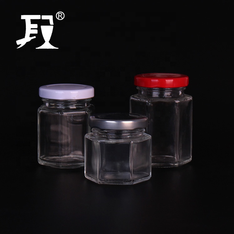 Small 50ml 100ml Hexagonal Glass Jars Stocked Honey Jar With Metal Lids