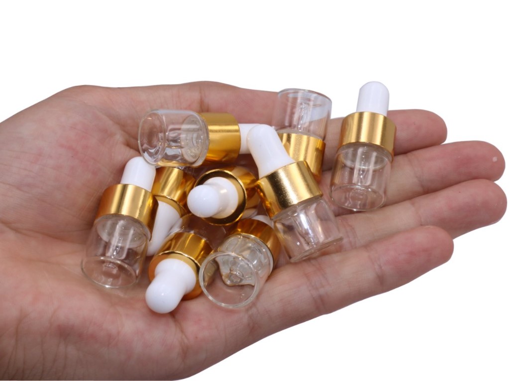 Small Essential Oil Test Vials Container Sample 1ml Essential Oil Bottle With White and Gold Dropper