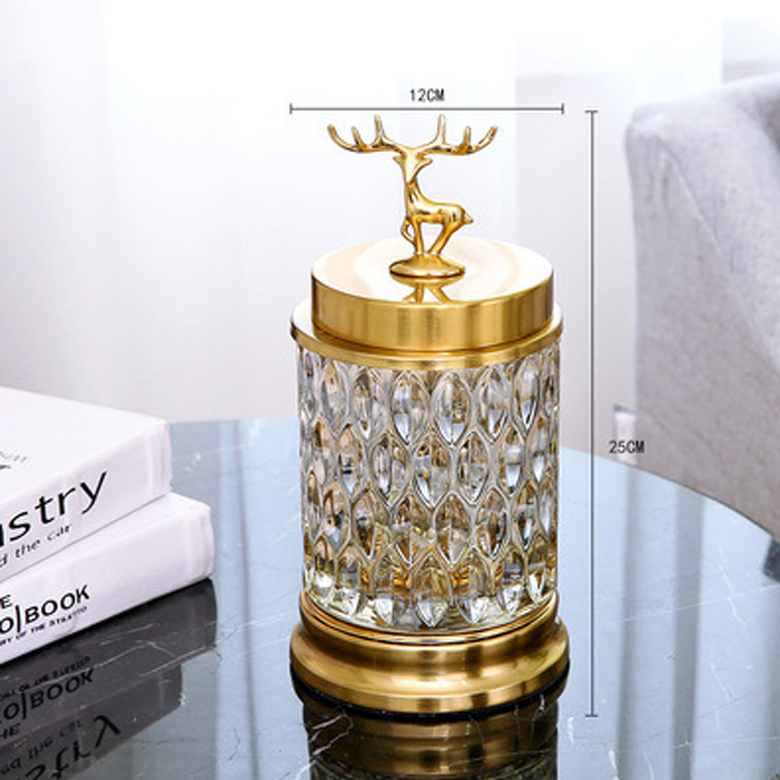 Small Home Decorative Golden Deer Metal Lid Glass Candy Jar,Glass Gold Candy Pot Glass with Lid