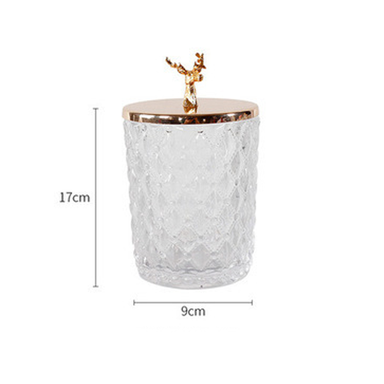 Small Home Decorative Golden Deer Metal Lid Glass Candy Jar,Glass Gold Candy Pot Glass with Lid
