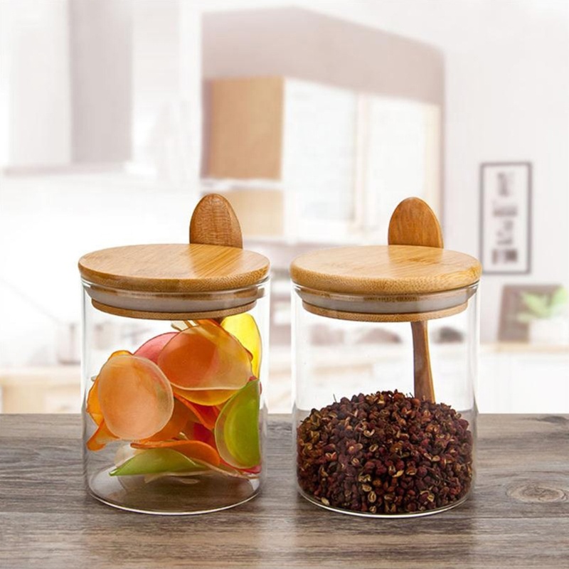 Small Jar Bamboo Wood Lid 15oz Glass Storage Jar With Spoon For Kitchen