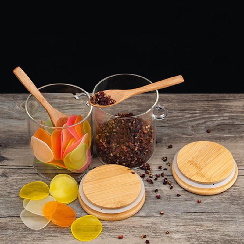 Small Jar Bamboo Wood Lid 15oz Glass Storage Jar With Spoon For Kitchen
