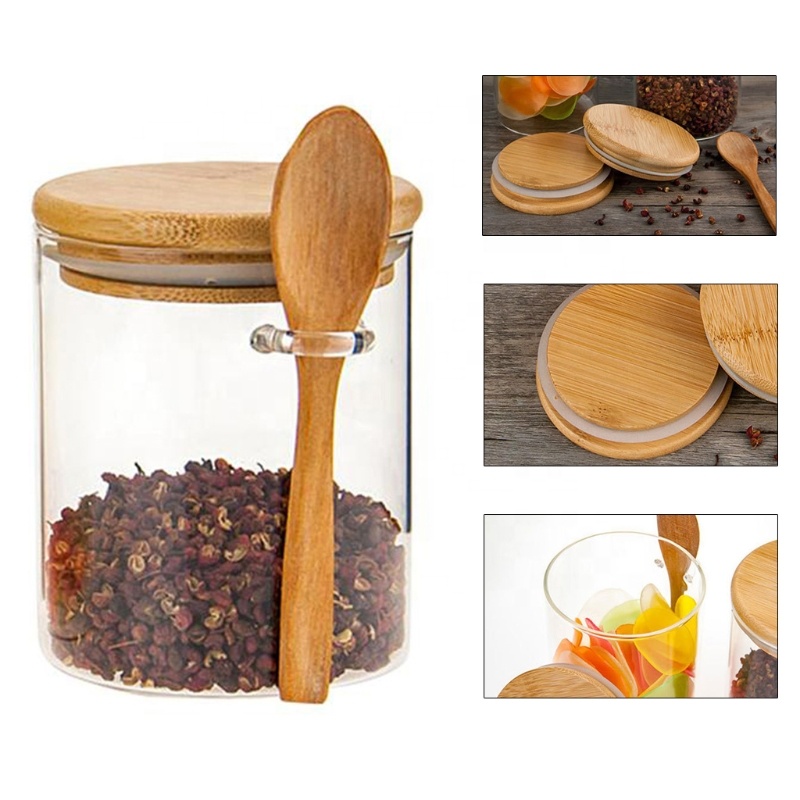 Small Jar Bamboo Wood Lid 15oz Glass Storage Jar With Spoon For Kitchen