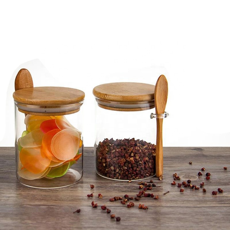 Small Jar Bamboo Wood Lid 15oz Glass Storage Jar With Spoon For Kitchen