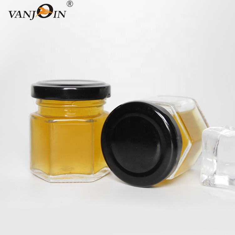 Small Pack 1.5oz 45ml Hexagon Glass Jam Jar With Metal Lid For Honey Fruit Jam Storage Wholesale