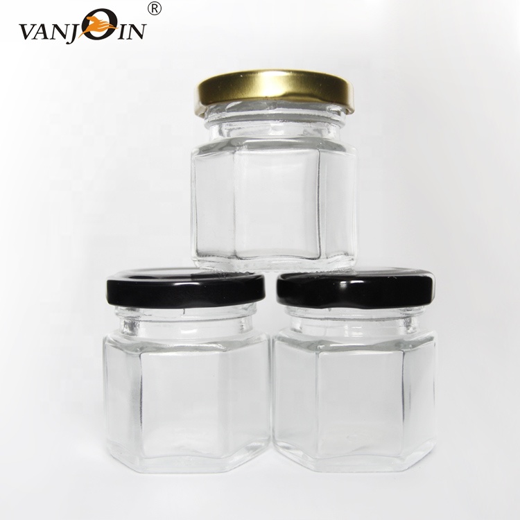 Small Pack 1.5oz 45ml Hexagon Glass Jam Jar With Metal Lid For Honey Fruit Jam Storage Wholesale