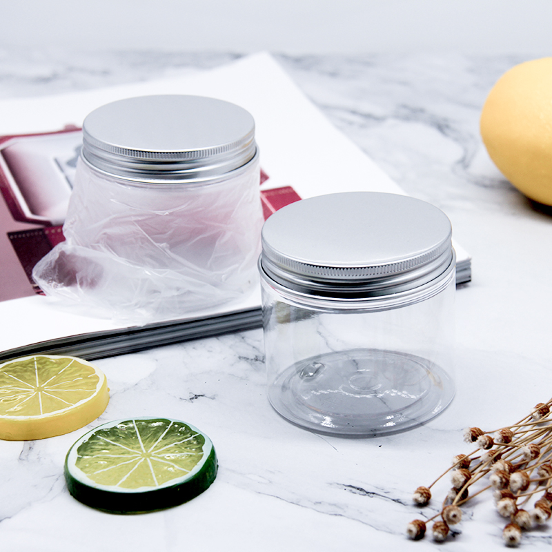 Small Silver Aluminum Lid Clear Cosmetic Plastic Jars For Personal Care