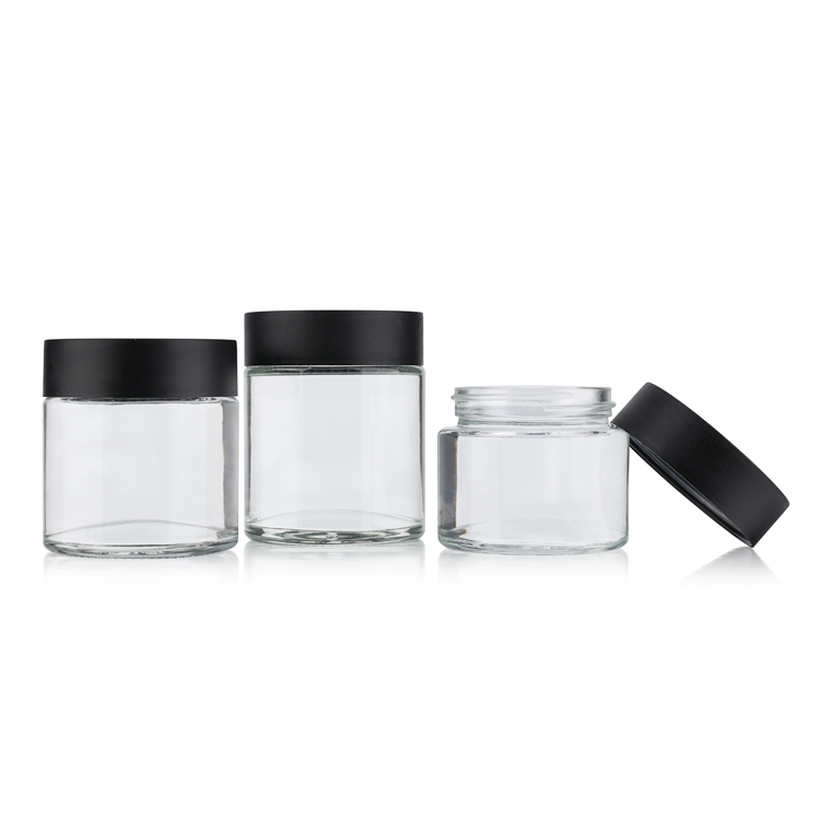 Smell proof 2 3 4 oz 60 90 150 g empty clear round cbd hemp child proof packaging glass child resistant jar with lids