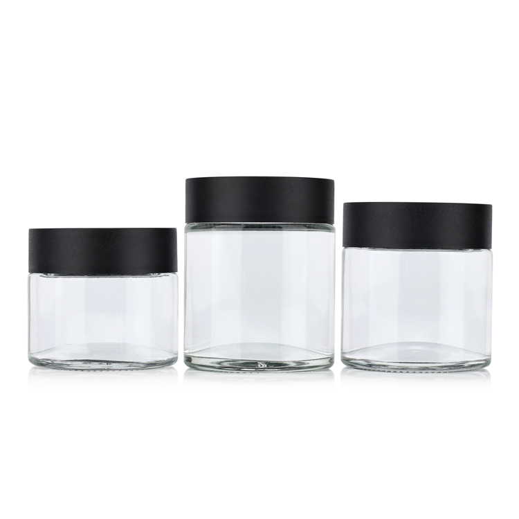 Smell proof 2 3 4 oz 60 90 150 g empty clear round cbd hemp child proof packaging glass child resistant jar with lids