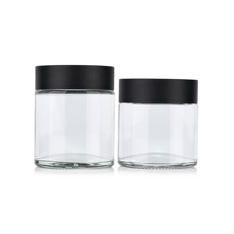 Smell proof 2 3 4 oz 60 90 150 g empty clear round cbd hemp child proof packaging glass child resistant jar with lids
