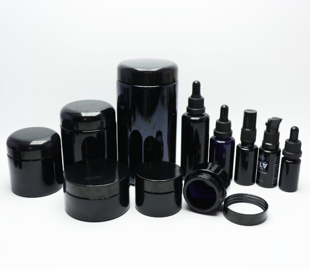 Smellproof 250ml 500ml glass jar black violet glass stash jars for pill or Weed with artwork logo DV230E