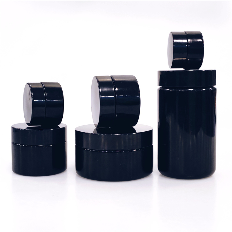 Smellproof 5 10 15 30 50 60 100 200 g black spiece storage tin weed uv protection glass jar with plastic cap black glass jar