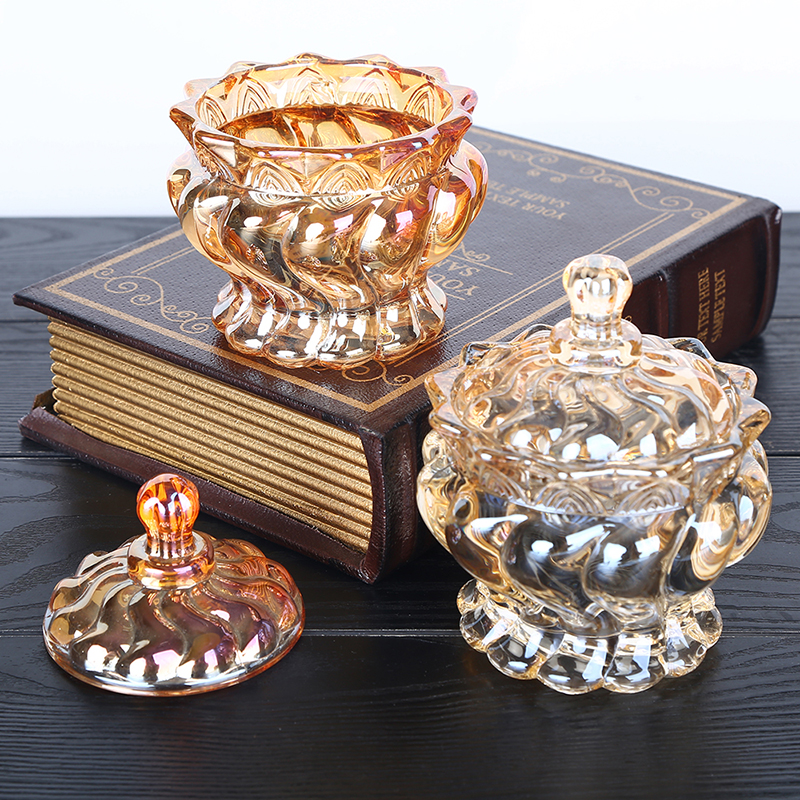 Smoke grey amber electroplating European transparent glass candy storage jar for wedding