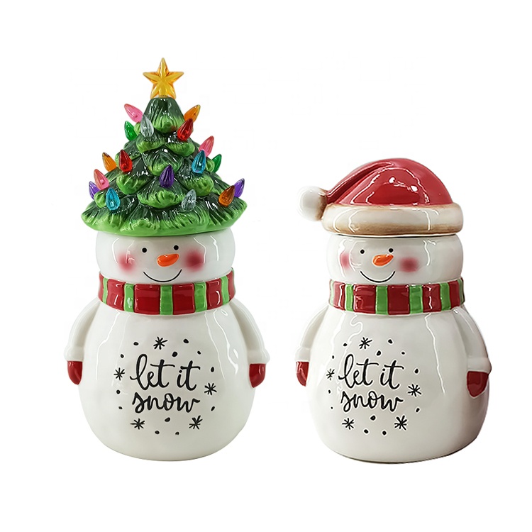 Snowman Ceramic Airtight Canister with Led light Christmas tree Lid Snowman Cookie Jar Kitchen Canister Sets