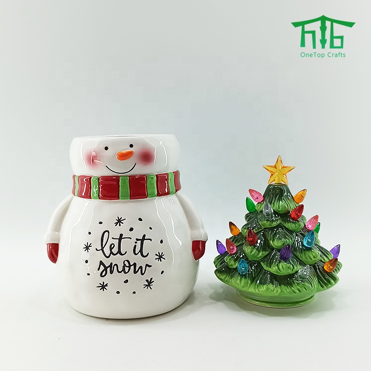 Snowman Ceramic Airtight Canister with Led light Christmas tree Lid Snowman Cookie Jar Kitchen Canister Sets