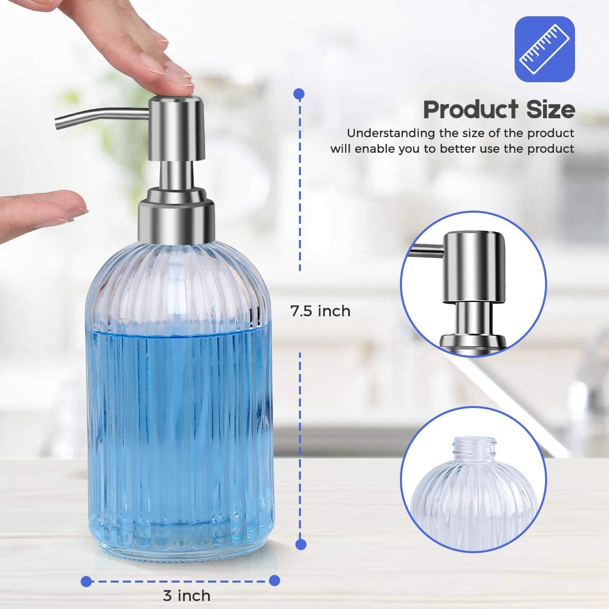 Soap Dispenser 18 oz Tempered Glass Clear Hand Liquid Soap Bottle Refillable Lotion Dispensers with Rust Proof Pump for Bathroom