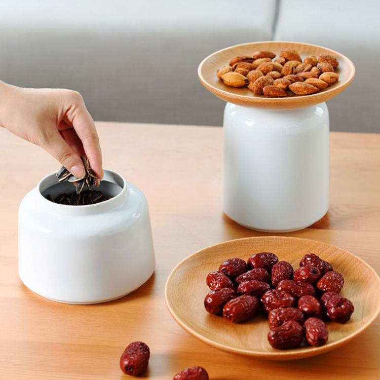 Solid Wood Fruit Tray Ceramic Pot Innovative Plate Jar Kitchen Storage Tank for Cereal Rice Nuts Candy Coffee Bean