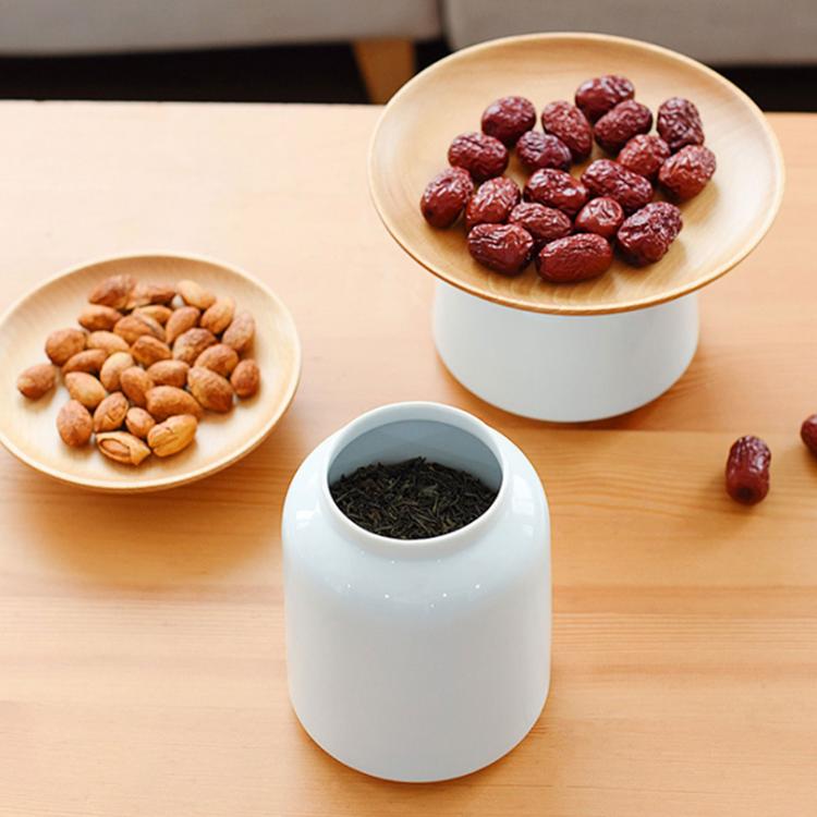 Solid Wood Fruit Tray Ceramic Pot Innovative Plate Jar Kitchen Storage Tank for Cereal Rice Nuts Candy Coffee Bean