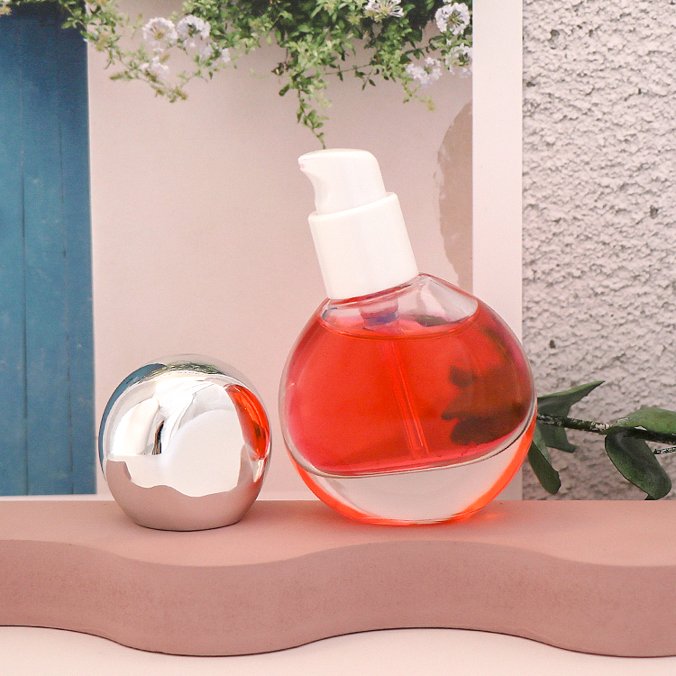 Special round crooked 30ml glass foundation liquid soap foam pump bottle with sliver cap