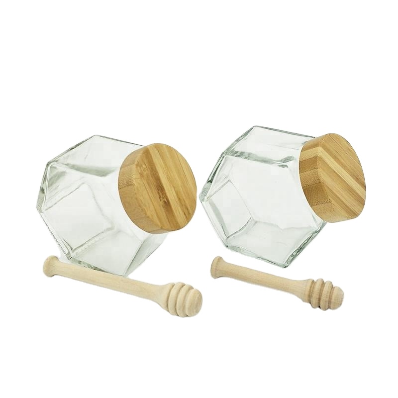 Speed brand 350g hexagon glass jar with wooden lid and wooden dripper for honey