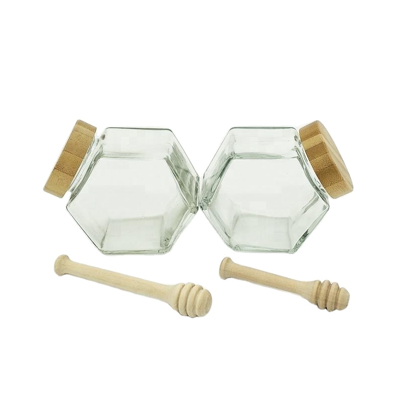 Speed brand 350g hexagon glass jar with wooden lid and wooden dripper for honey