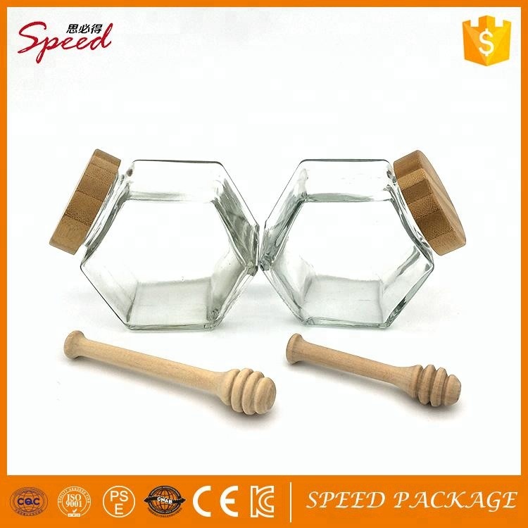 Speed brand 350g hexagon glass jar with wooden lid and wooden dripper for honey