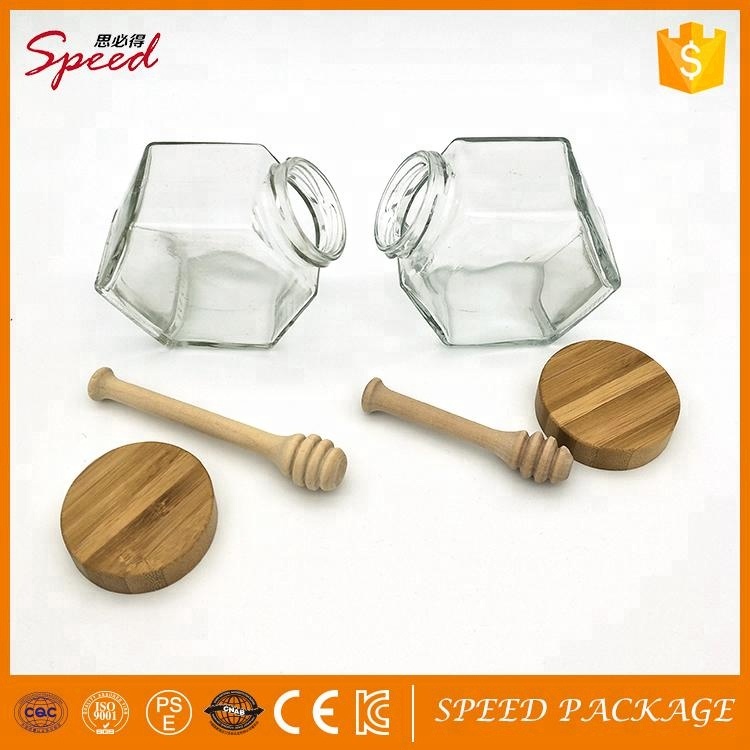 Speed brand 350g hexagon glass jar with wooden lid and wooden dripper for honey