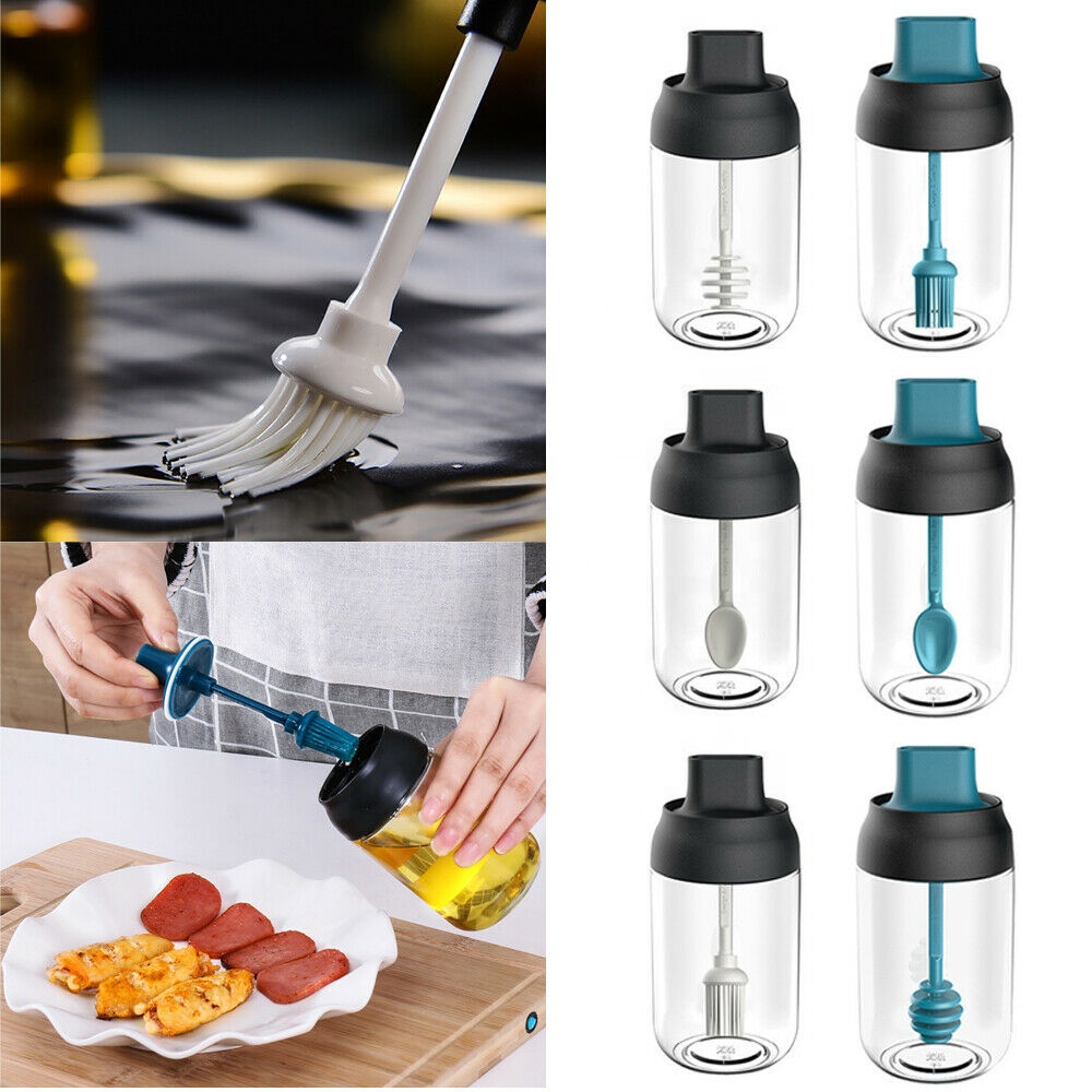 Spice Jar Spoon Sealed Seasoning Bottle PP+Silicone+Soda Glass Kitchen Seasoning Jar Spoon Lid One-Piece Brush Honey Bottle