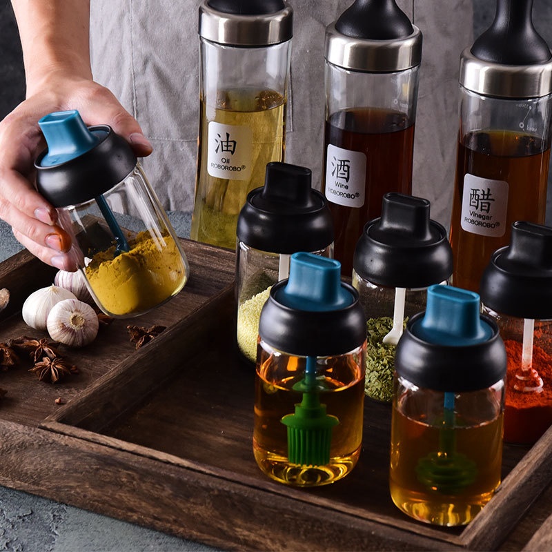 Spice Jar Spoon Sealed Seasoning Bottle PP+Silicone+Soda Glass Kitchen Seasoning Jar Spoon Lid One-Piece Brush Honey Bottle