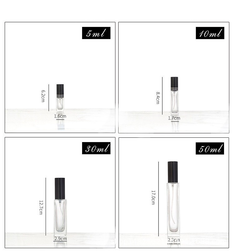 Spot 5ml 10ml 15ml 30ml 50ml 100ml transparent rectangular glass perfume spray bottle
