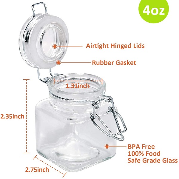 Square 110ml 4oz Chinese Spice Seasoning Glass Jar with Clip Lid for Herbs Condiments Packing