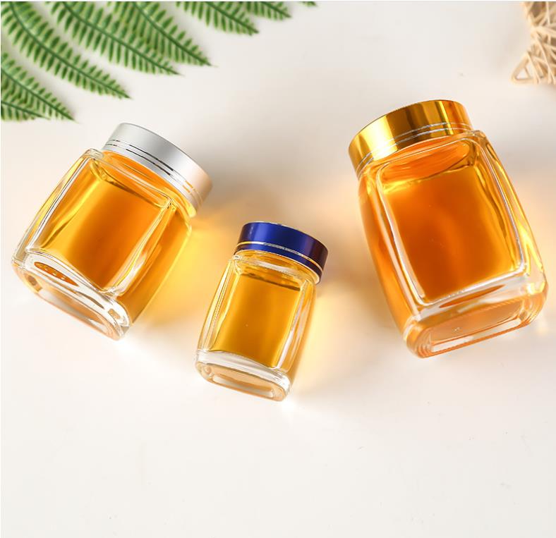 Square 200ml clear honey glass jar hexagon glass bottle for food storage with metal Screw Lid