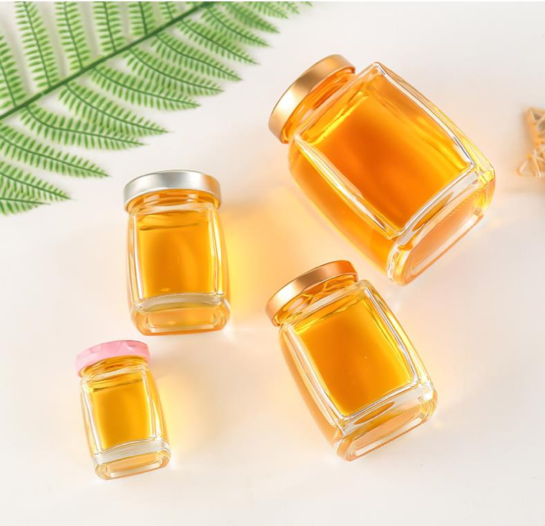 Square 200ml clear honey glass jar hexagon glass bottle for food storage with metal Screw Lid