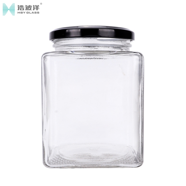Square 280ml 380ml candy glass storage jar with metal lid