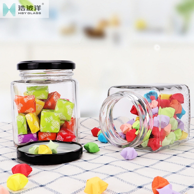 Square 280ml 380ml candy glass storage jar with metal lid