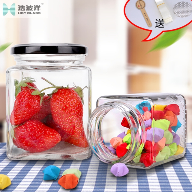 Square 280ml 380ml candy glass storage jar with metal lid