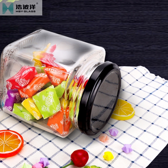 Square 280ml 380ml candy glass storage jar with metal lid