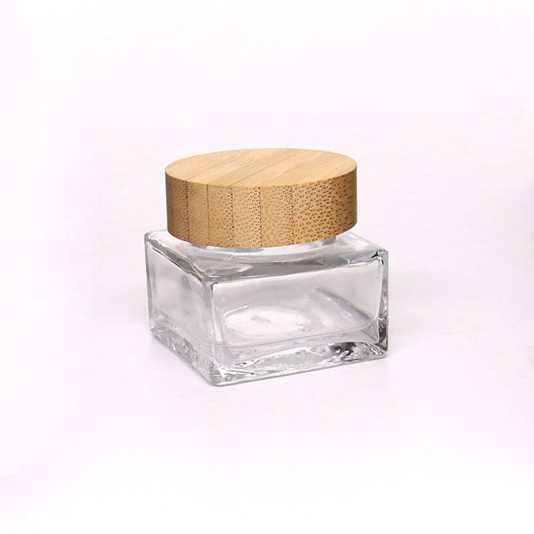 Square 50g Empty Clear Skin Care Face Cream Cosmetic Jars Cream Containers With Bamboo Lid
