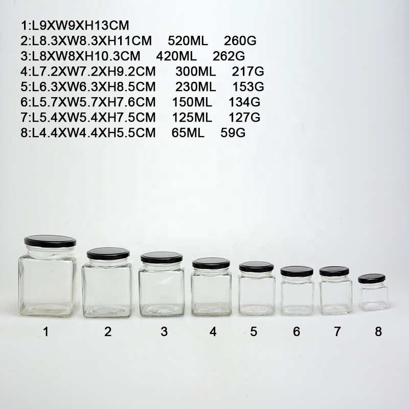 Square 50ml 100ml 150ml 300ml 500ml 750ml glass honey jar with lid