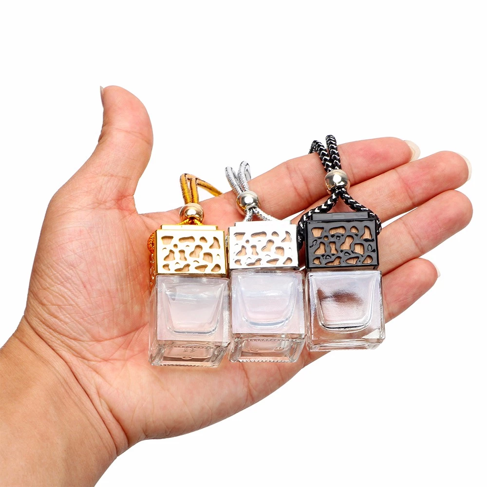 Square 8ml Clear Empty Car Hanging Fragrance Perfume Glass Bottle with Metal Cap for Car Diffuser Use
