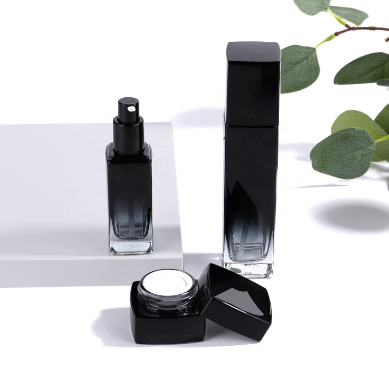 Square Cosmetic Packaging Set Black Glass Cosmetic Bottle 30g 50g 40ml 100ml 120ml