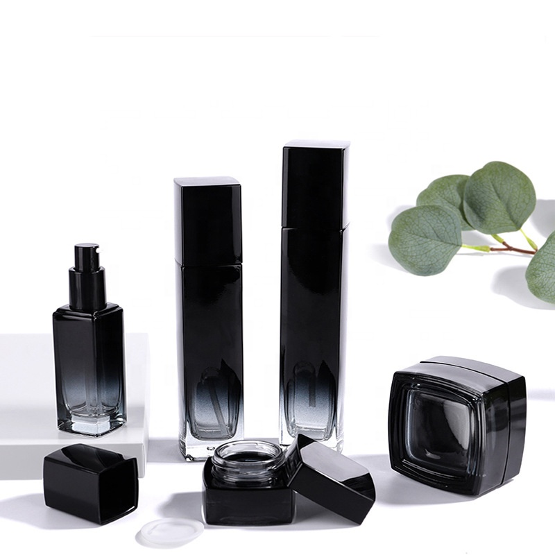 Square Cosmetic Packaging Set Black Glass Cosmetic Bottle 30g 50g 40ml 100ml 120ml