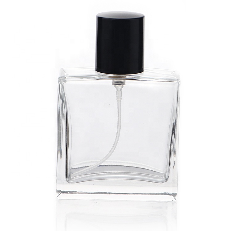 Square Empty 50 ml Glass Crimp Customised Perfume Bottles With Spray